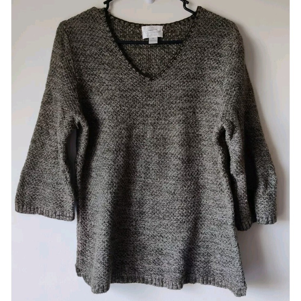 Christopher & Banks Hand Embroidered Sweater 3/4 Sleeves V-Neck Green Size XL
